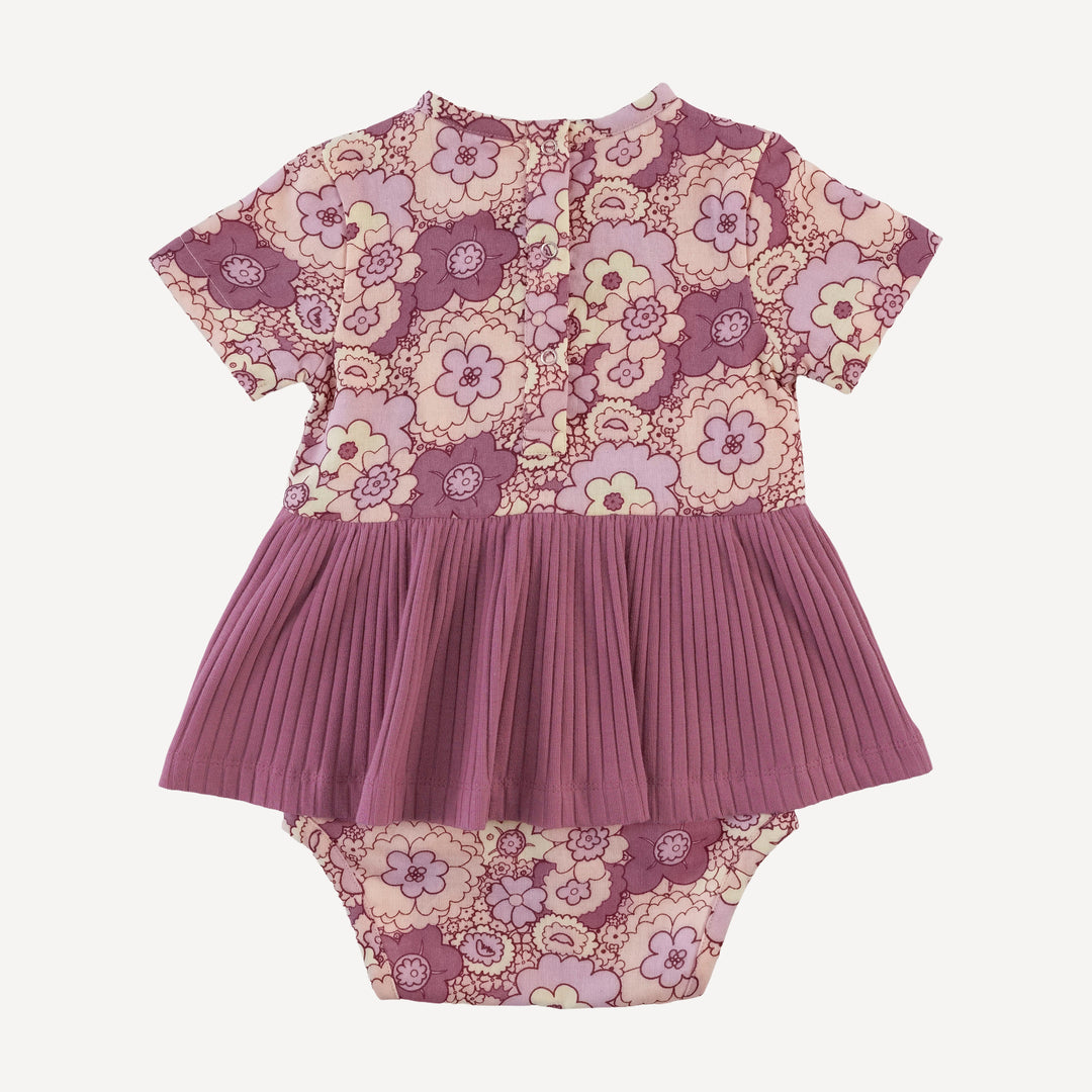 short sleeve ruched skirted bodysuit | mauve 60s floral | organic cotton gauze