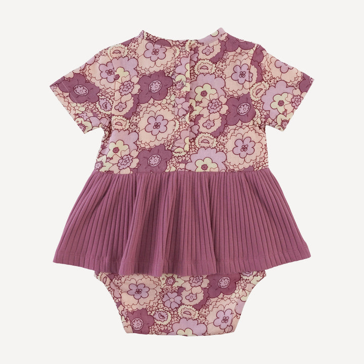 short sleeve ruched skirted bodysuit | mauve 60s floral | organic cotton gauze
