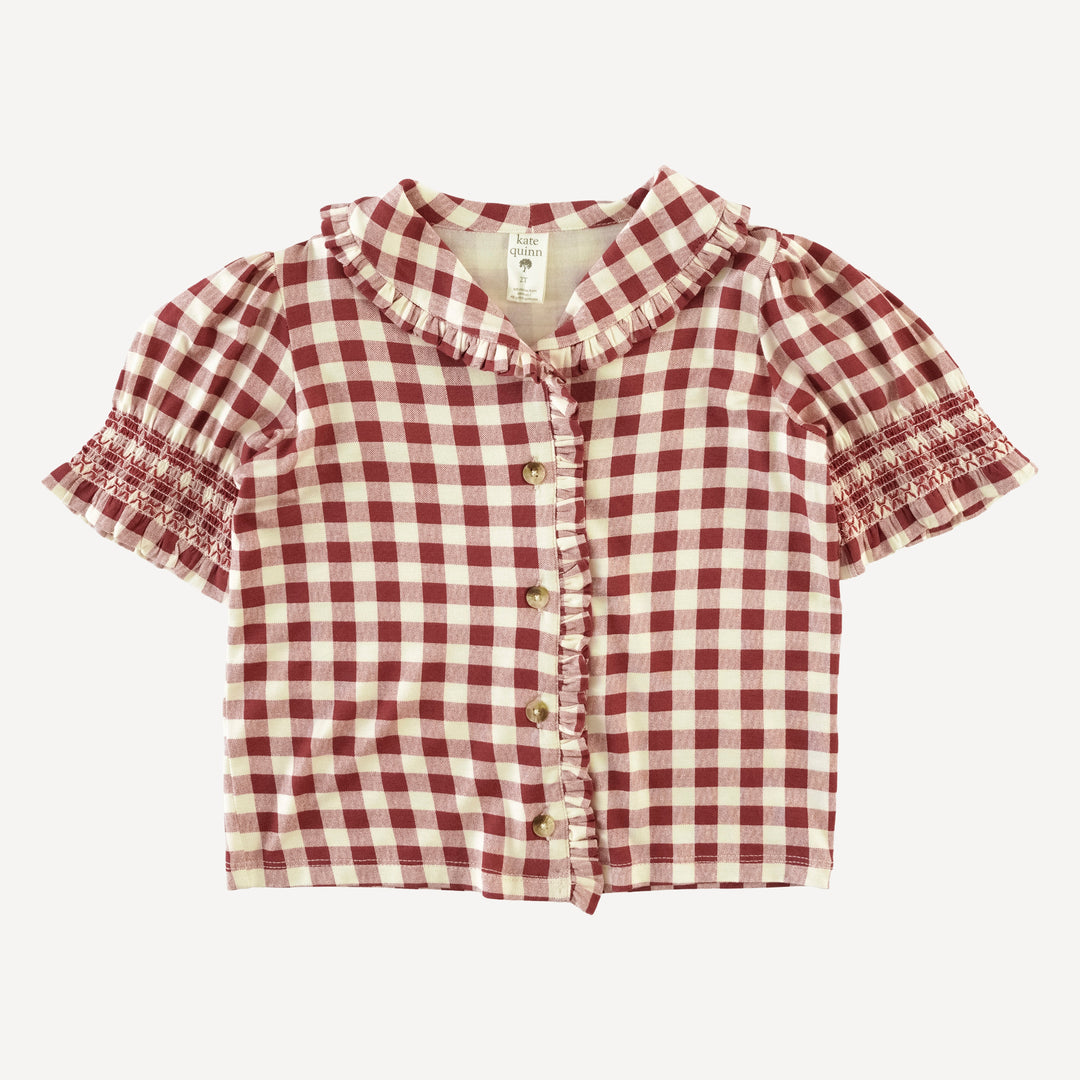 half sleeve ruffle shawl collar top | berry gingham | bamboo