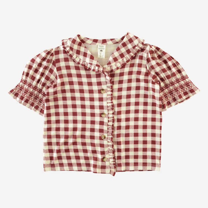 half sleeve ruffle shawl collar top | berry gingham | bamboo