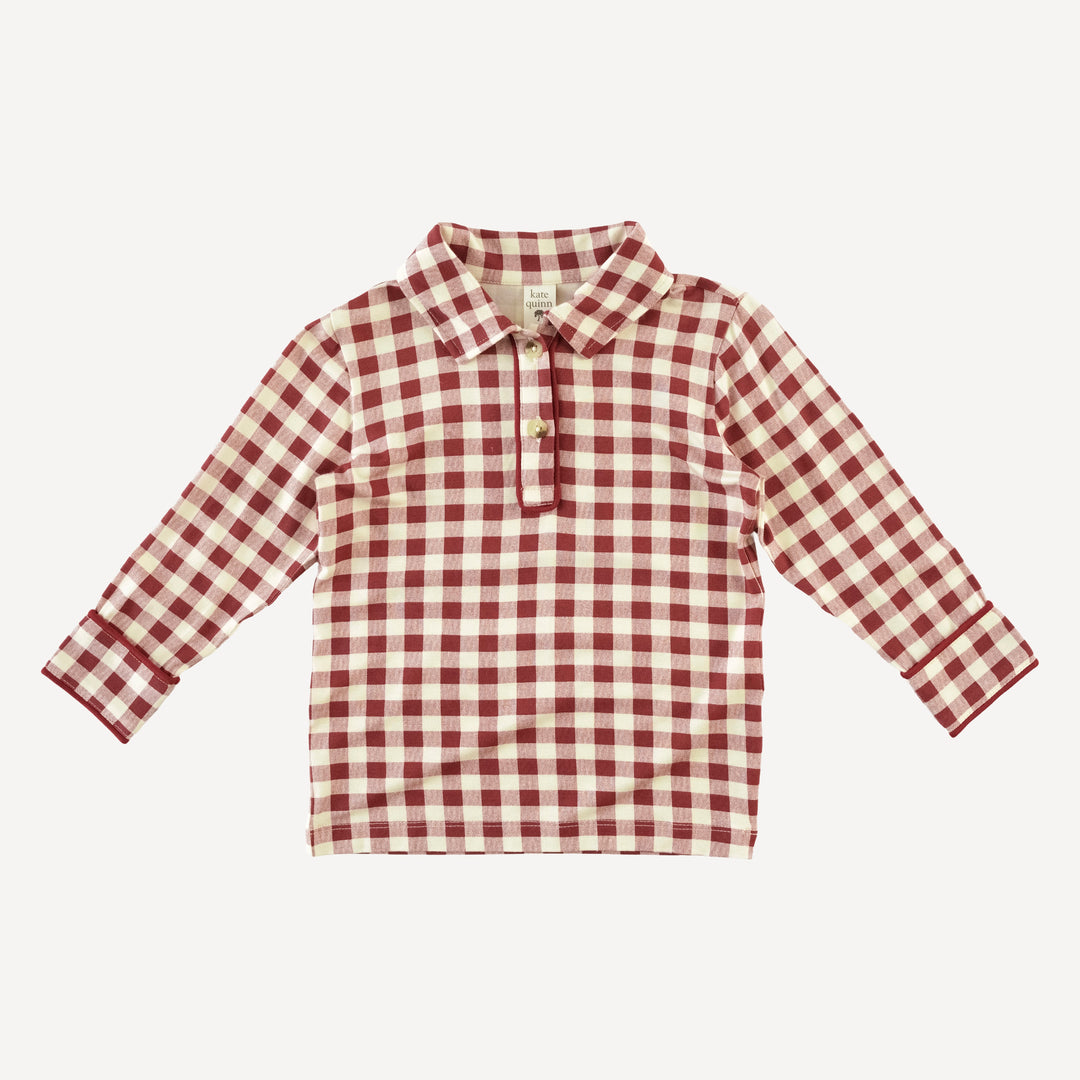 long sleeve piped polo tee | berry gingham | bamboo