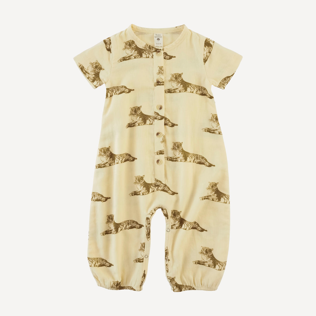 short sleeve button bubble jumpsuit | classic tiger | organic cotton gauze