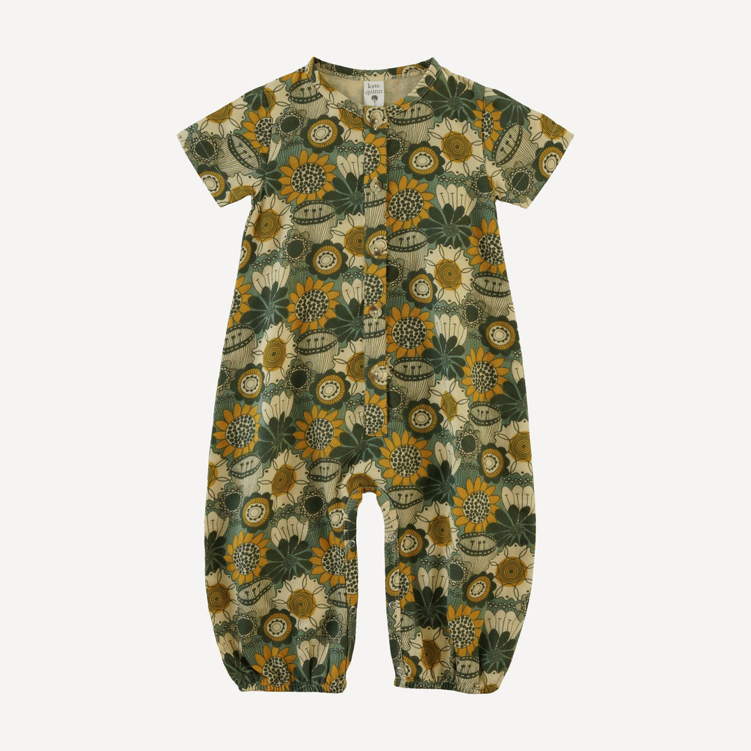 short sleeve button bubble jumpsuit | honey mustard flower doodles | organic cotton gauze