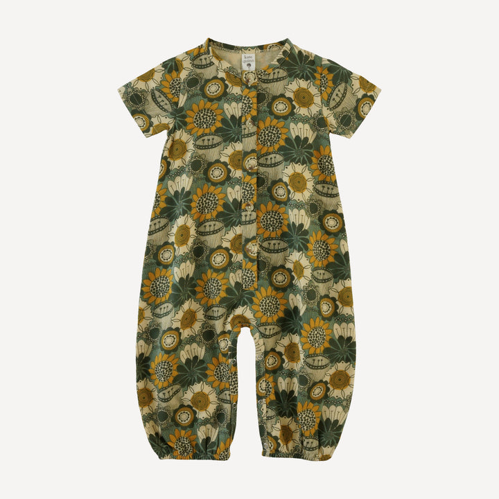 short sleeve button bubble jumpsuit | honey mustard flower doodles | organic cotton gauze