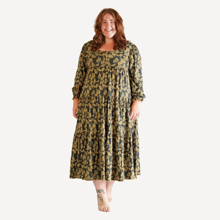 womens long sleeve pom pom prairie dress | golden woods leaf | modal