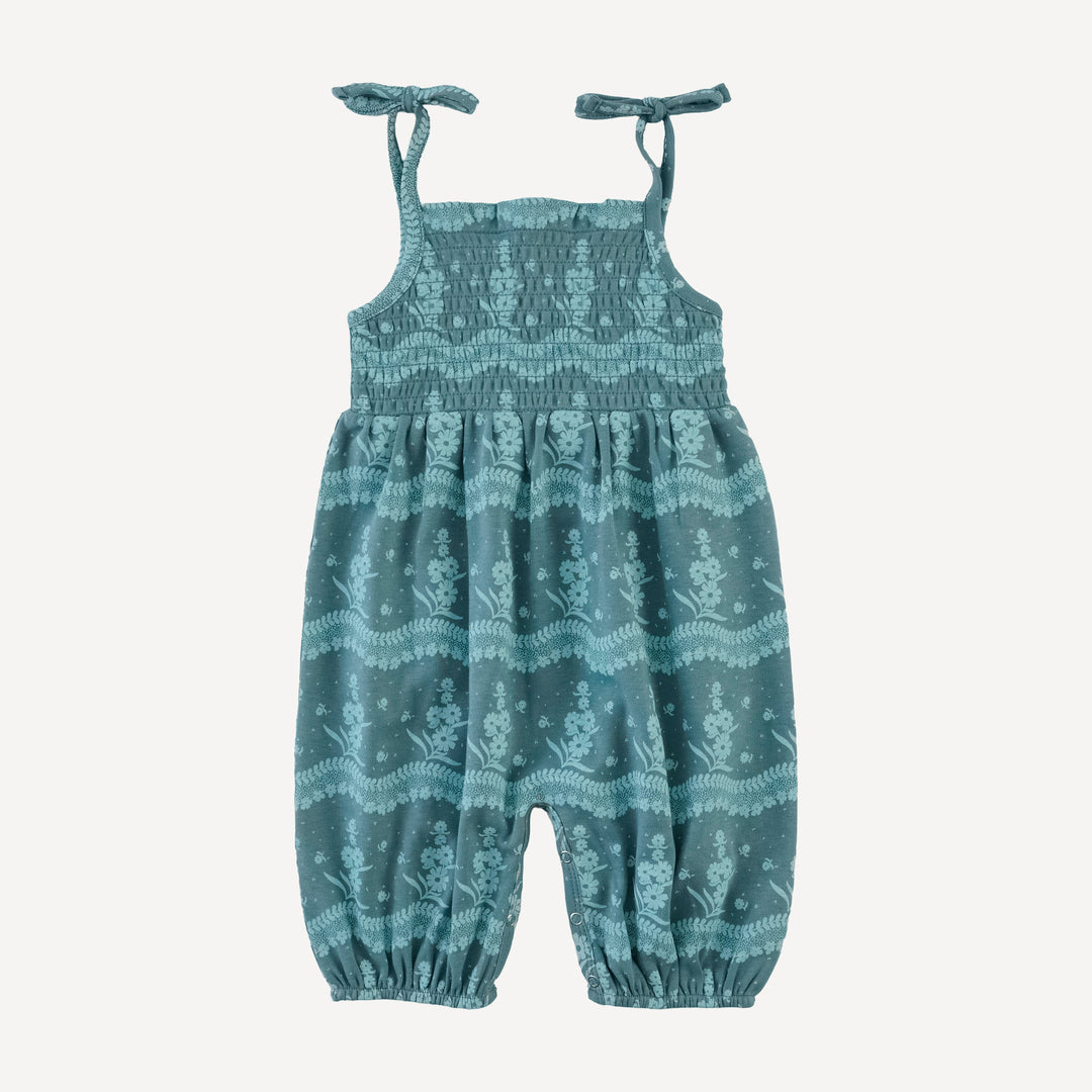 spaghetti tie smocked bubble jumpsuit | blue floral lace | organic cotton interlock
