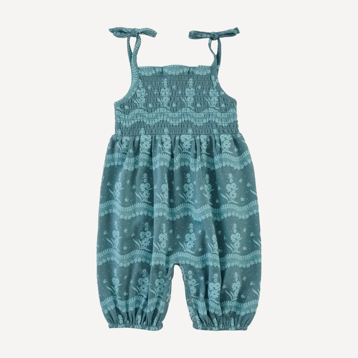 spaghetti tie smocked bubble jumpsuit | blue floral lace | organic cotton interlock