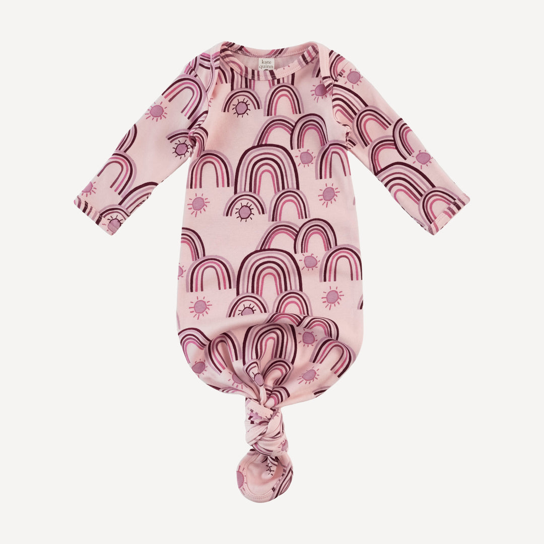 long sleeve lap neck knotted gown | mauve rainbow | organic cotton interlock