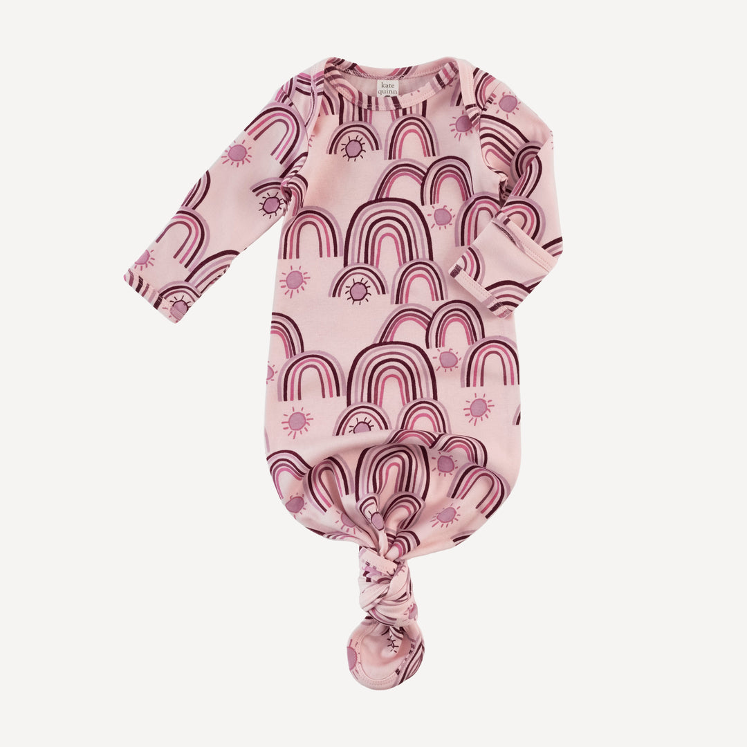 long sleeve lap neck knotted gown | mauve rainbow | organic cotton interlock