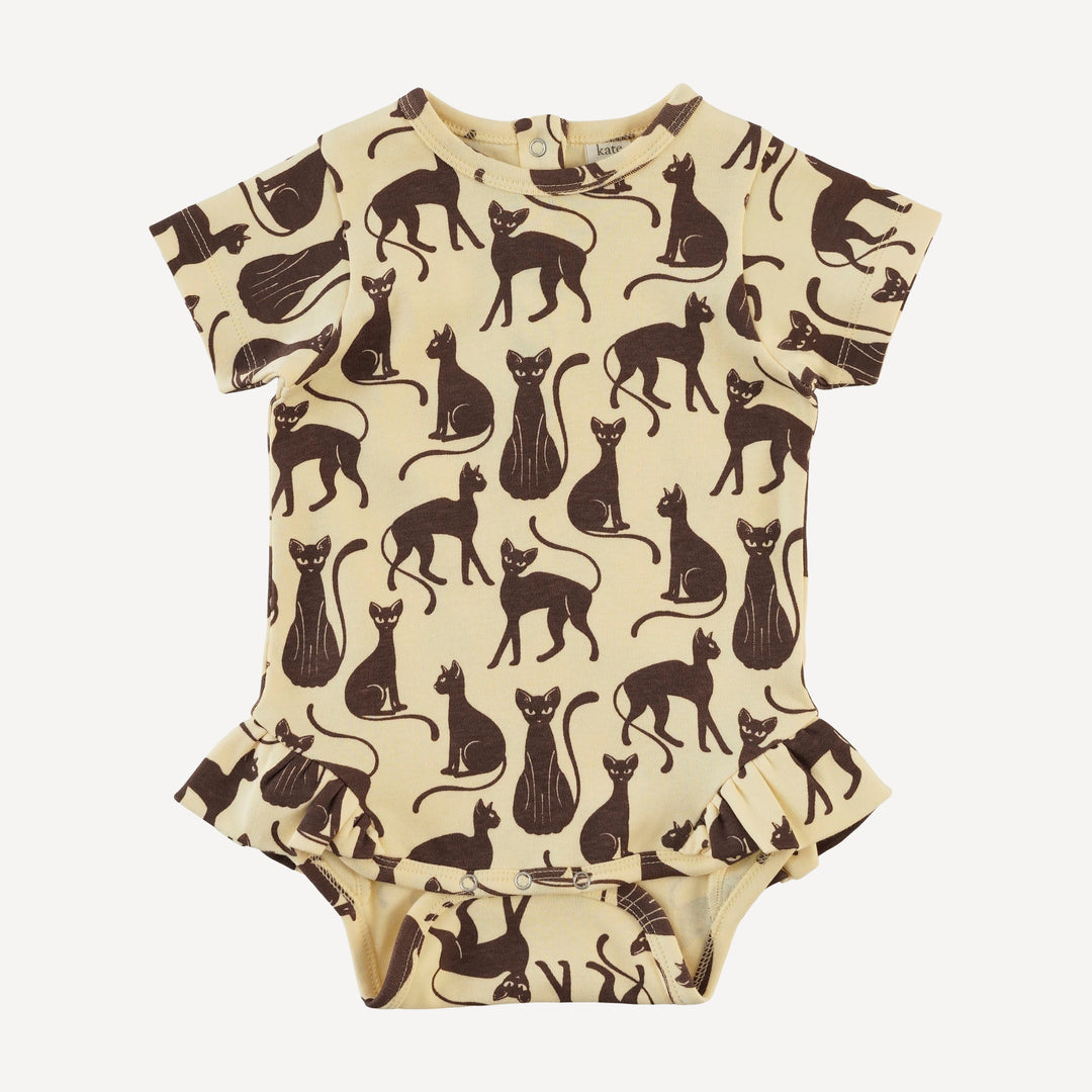 short sleeve ruffle leg bodysuit | neutral cat | organic cotton interlock