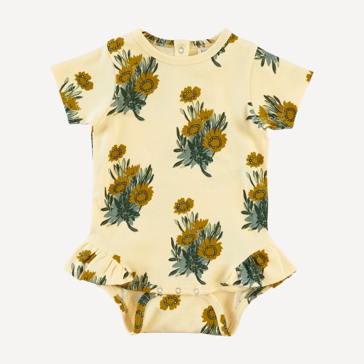 short sleeve ruffle leg bodysuit | calendula | organic cotton interlock