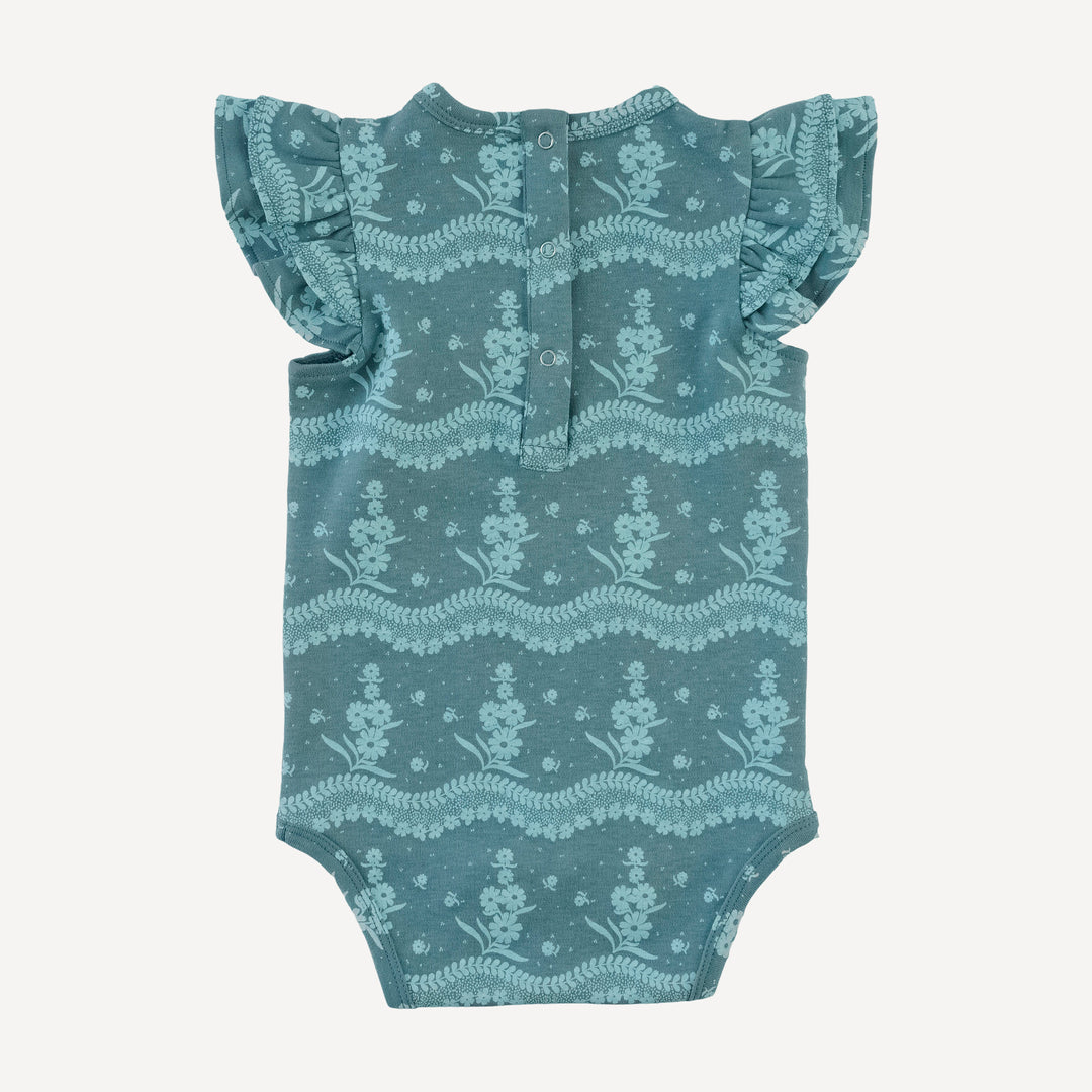 sleeveless double shoulder ruffle bodysuit | blue floral lace | organic cotton interlock