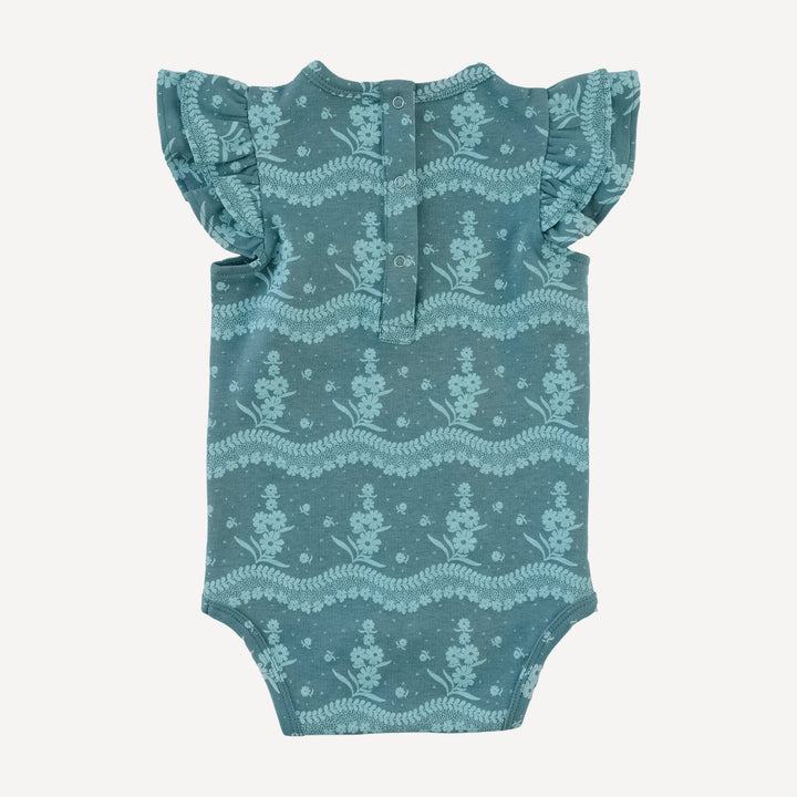 sleeveless double shoulder ruffle bodysuit | blue floral lace | organic cotton interlock