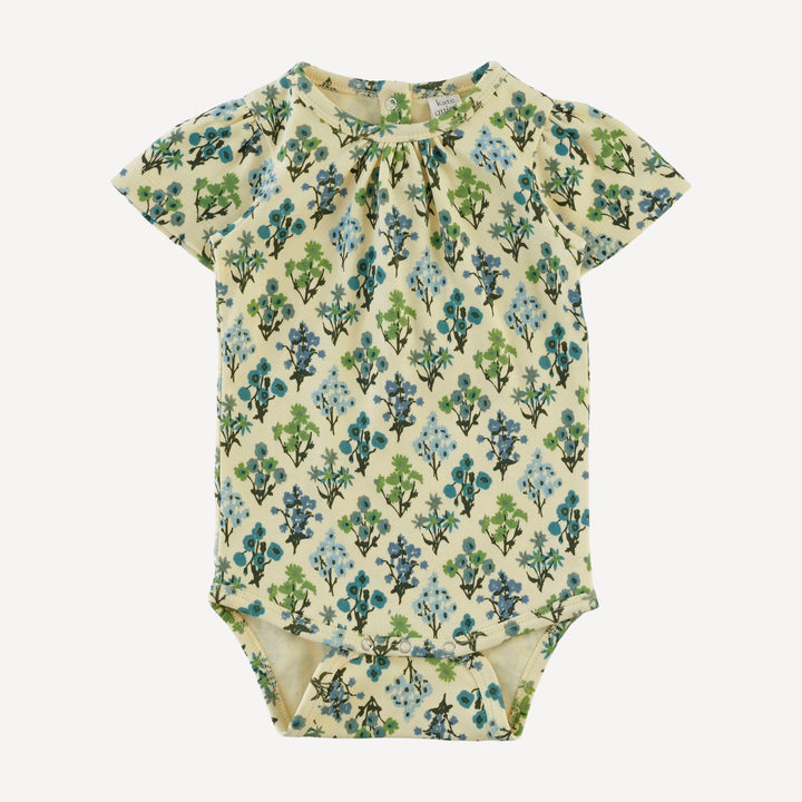 short puff sleeve scoop neck bodysuit | blue floral bouquet | organic cotton interlock