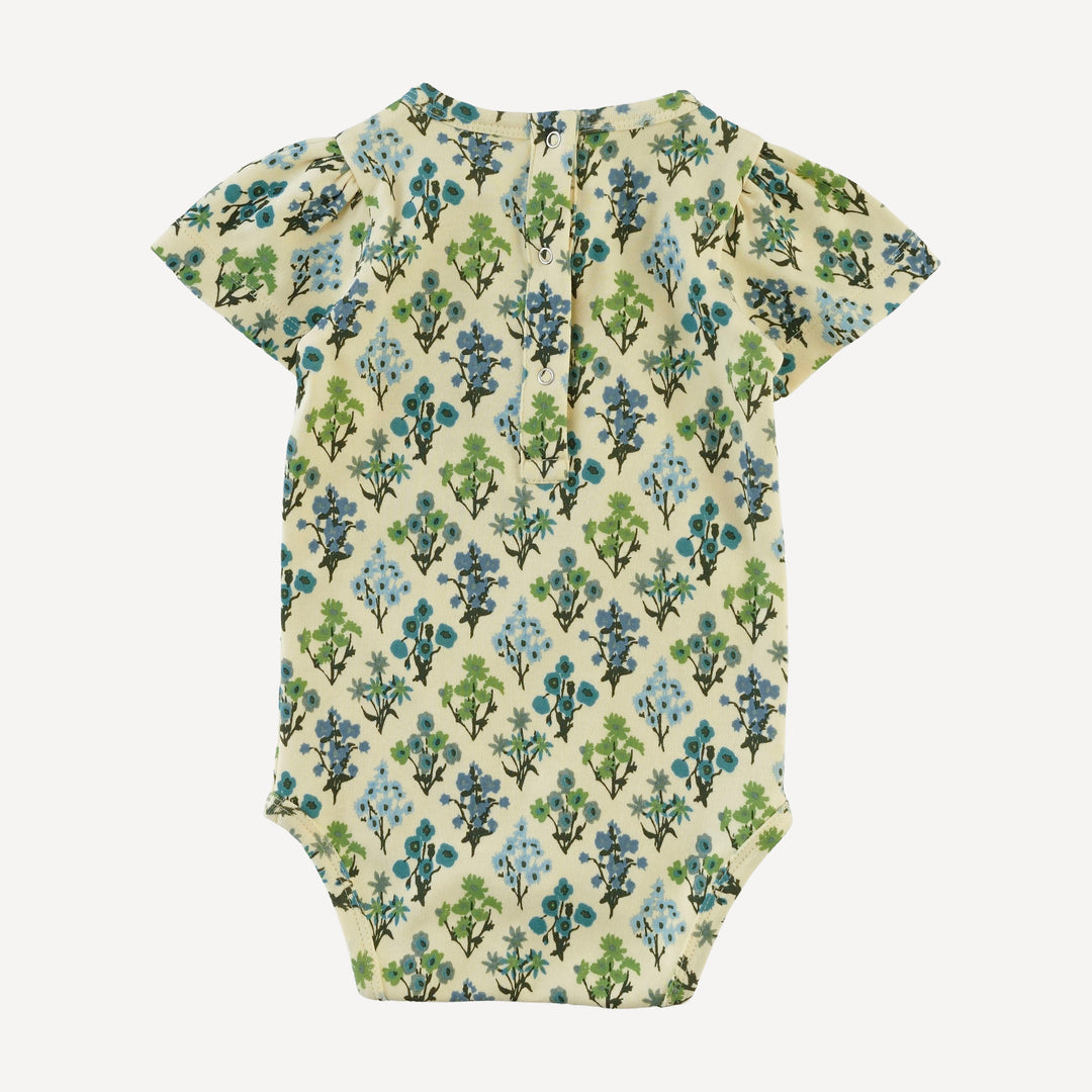 short puff sleeve scoop neck bodysuit | blue floral bouquet | organic cotton interlock