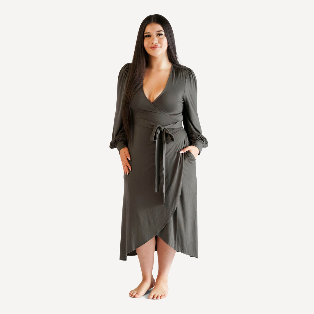 womens balloon sleeve midi wrap dress | beluga | modal