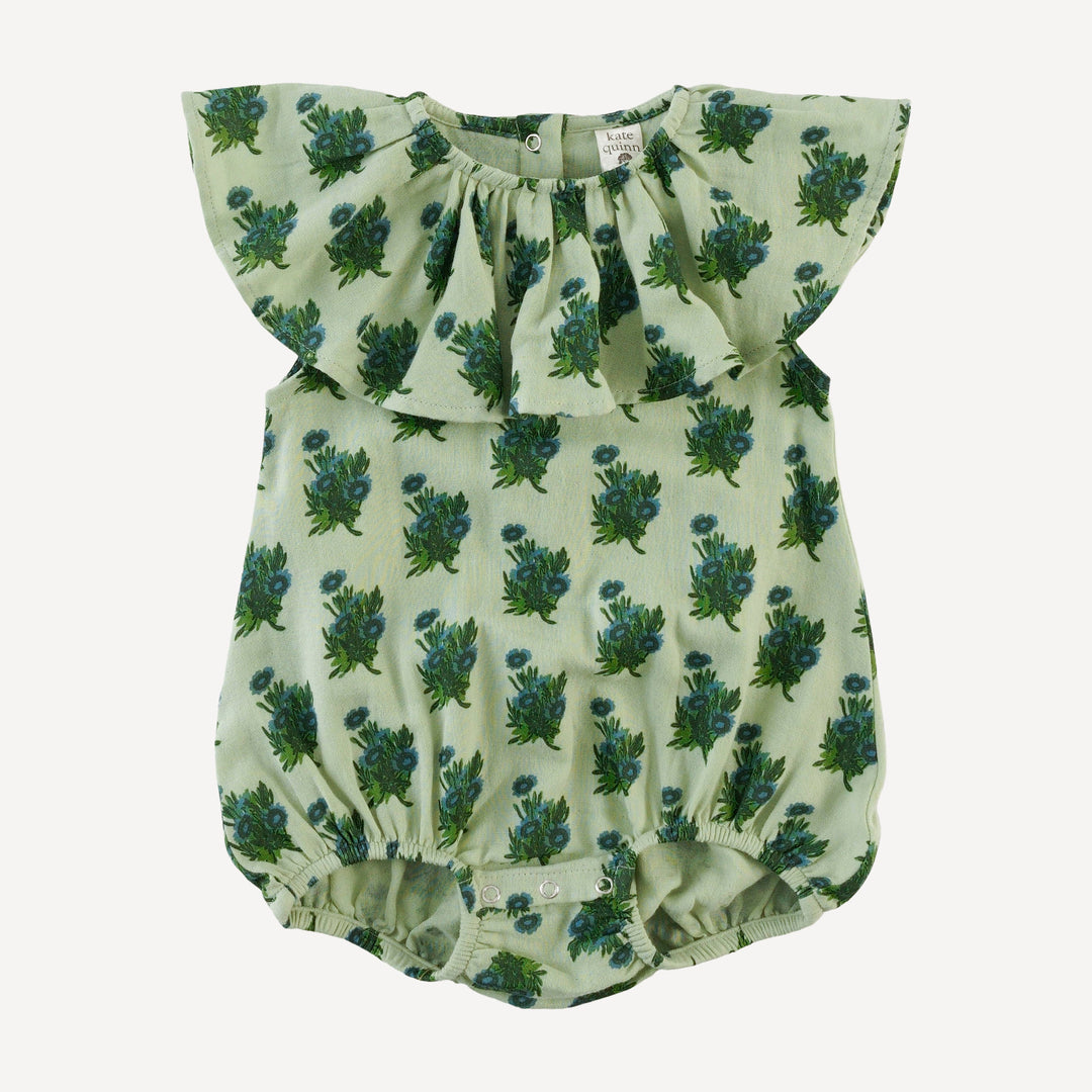 sleeveless ruffle bubble | blue tiny calendula | organic cotton gauze