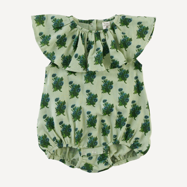 sleeveless ruffle bubble | blue tiny calendula | organic cotton gauze