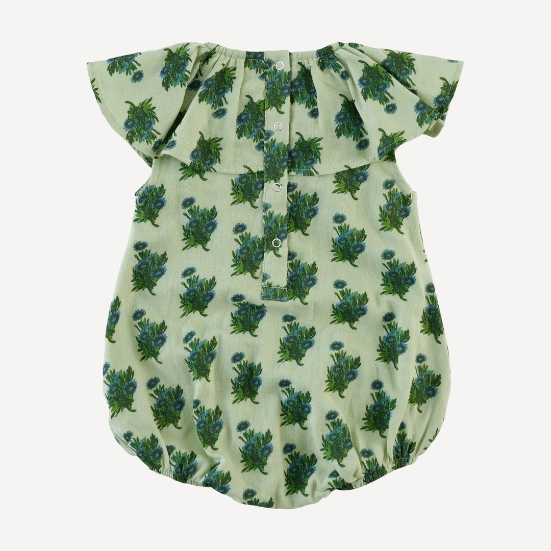 sleeveless ruffle bubble | blue tiny calendula | organic cotton gauze