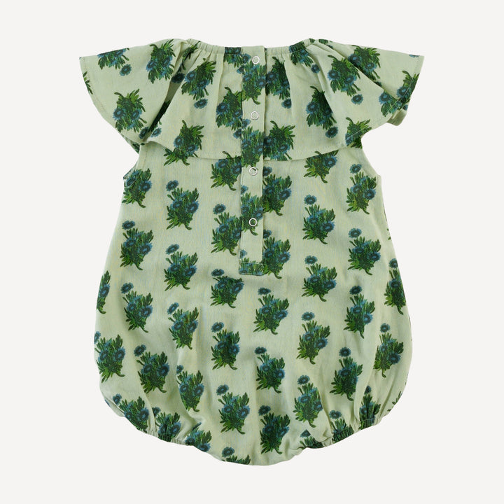 sleeveless ruffle bubble | blue tiny calendula | organic cotton gauze