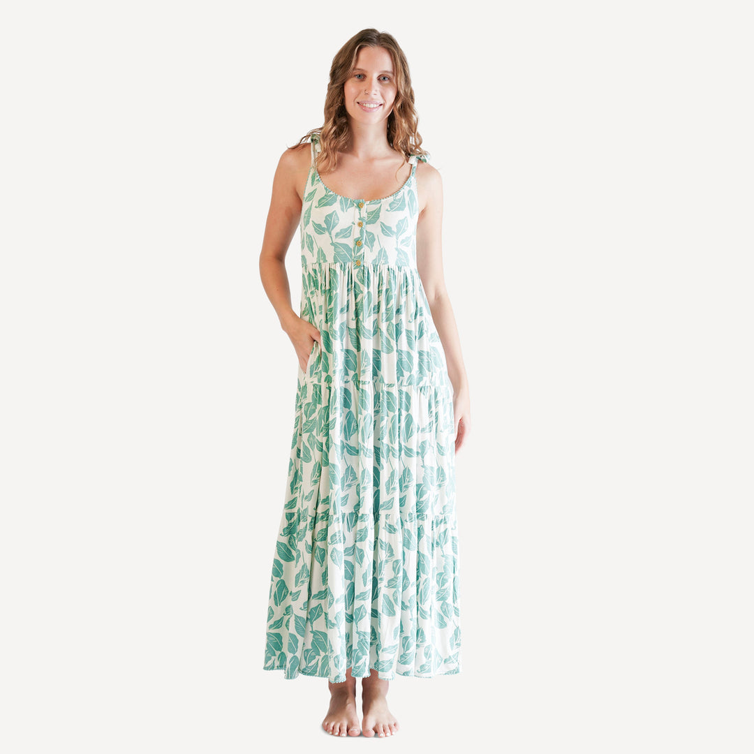 womens spaghetti tie pom pom prairie dress | woods leaf | modal