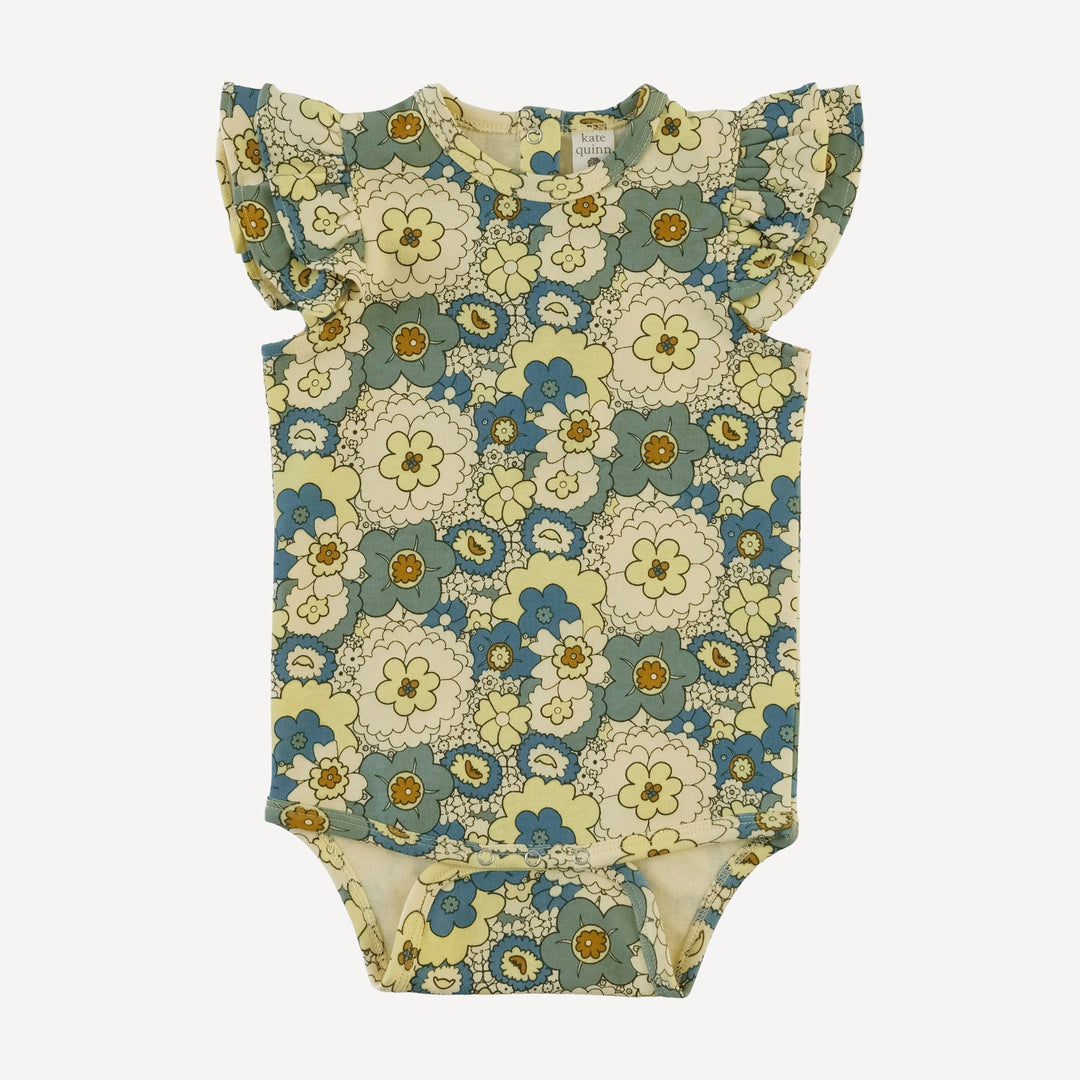 sleeveless double shoulder ruffle bodysuit | 60s floral | organic cotton interlock