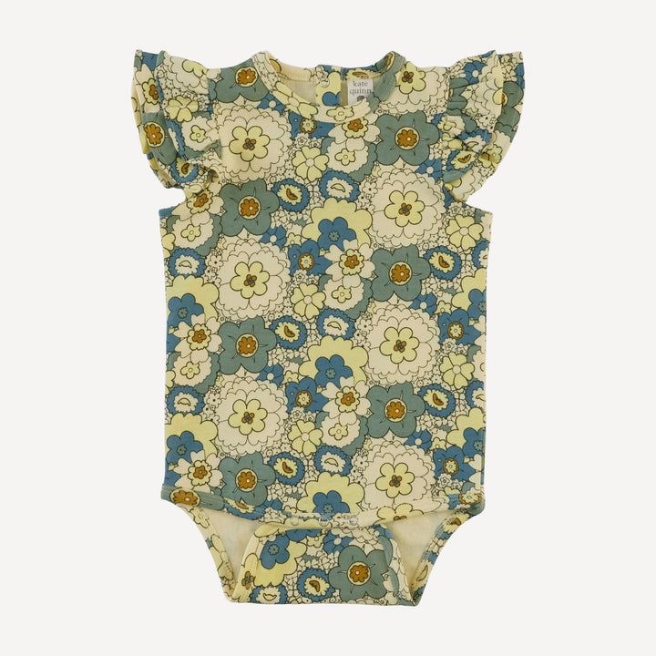sleeveless double shoulder ruffle bodysuit | 60s floral | organic cotton interlock