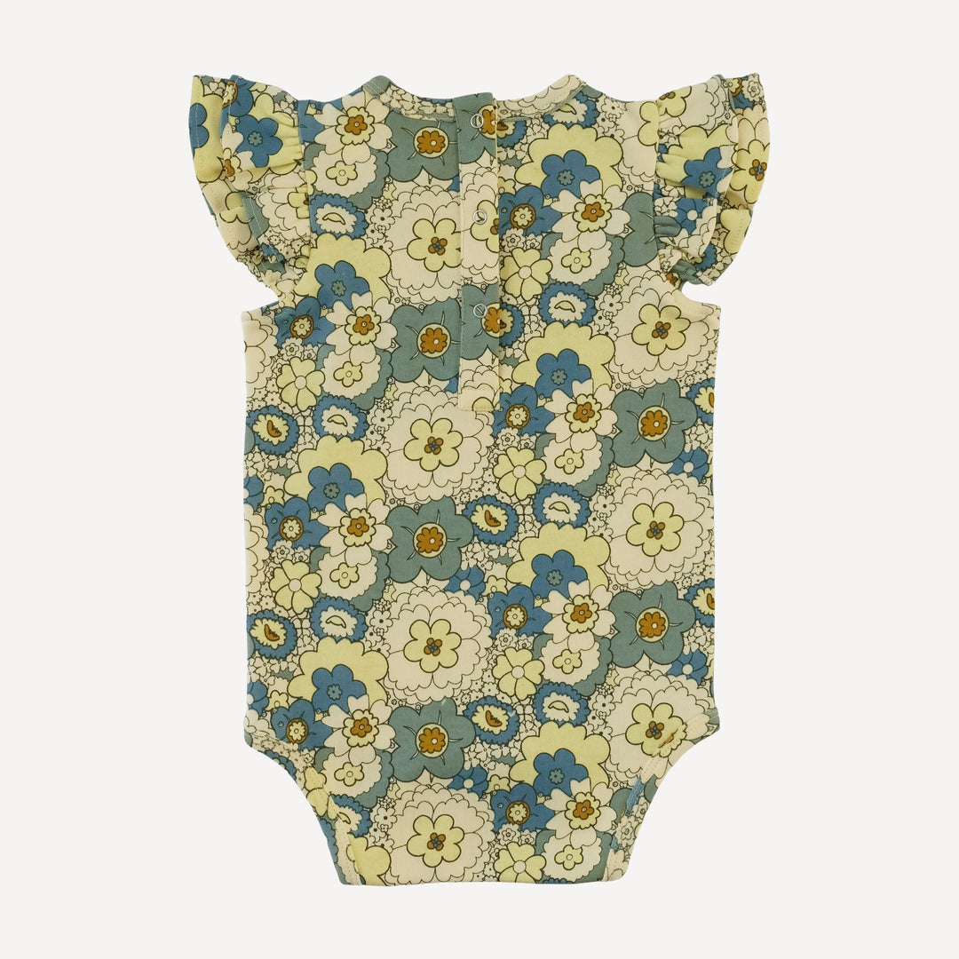 sleeveless double shoulder ruffle bodysuit | 60s floral | organic cotton interlock