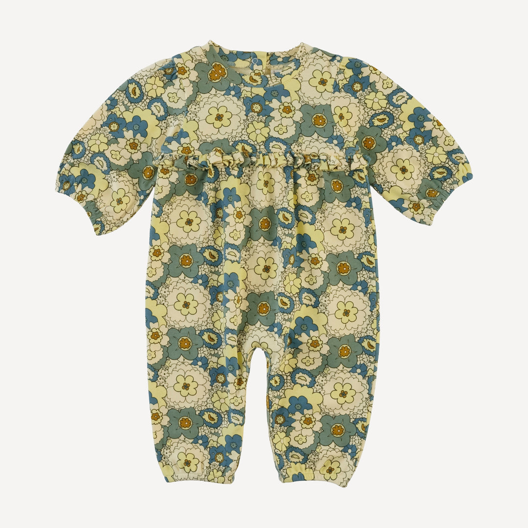 long sleeve tiny ruffle waist jumpsuit | 60s floral | organic cotton interlock