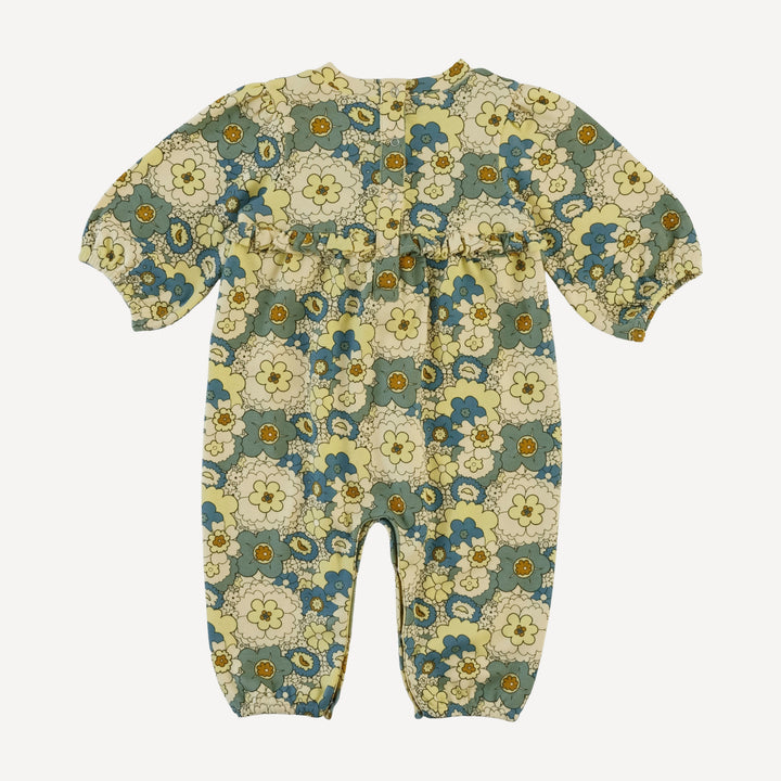 long sleeve tiny ruffle waist jumpsuit | 60s floral | organic cotton interlock