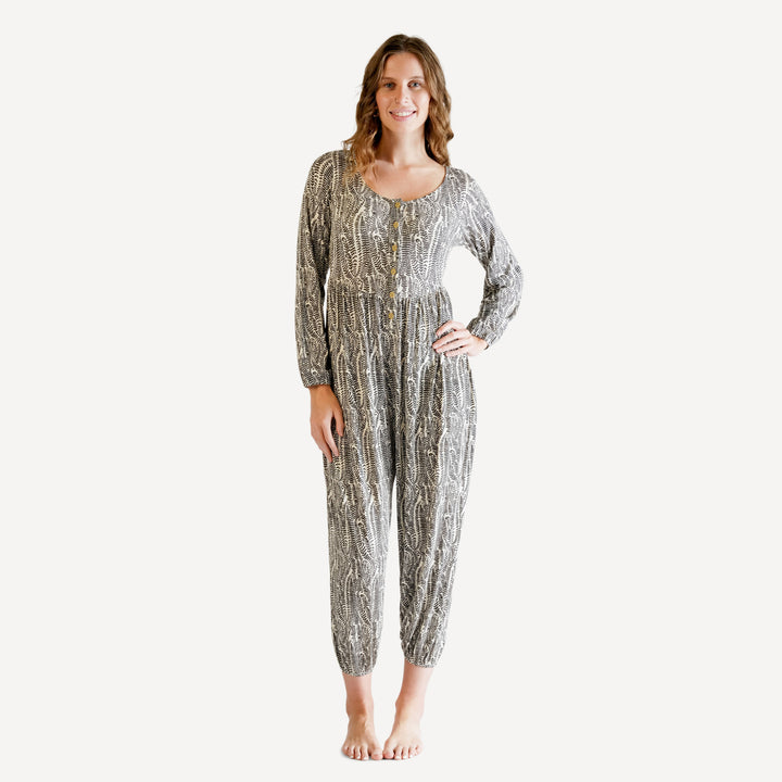 womens long sleeve button front v-waist jumpsuit | fern frond | modal