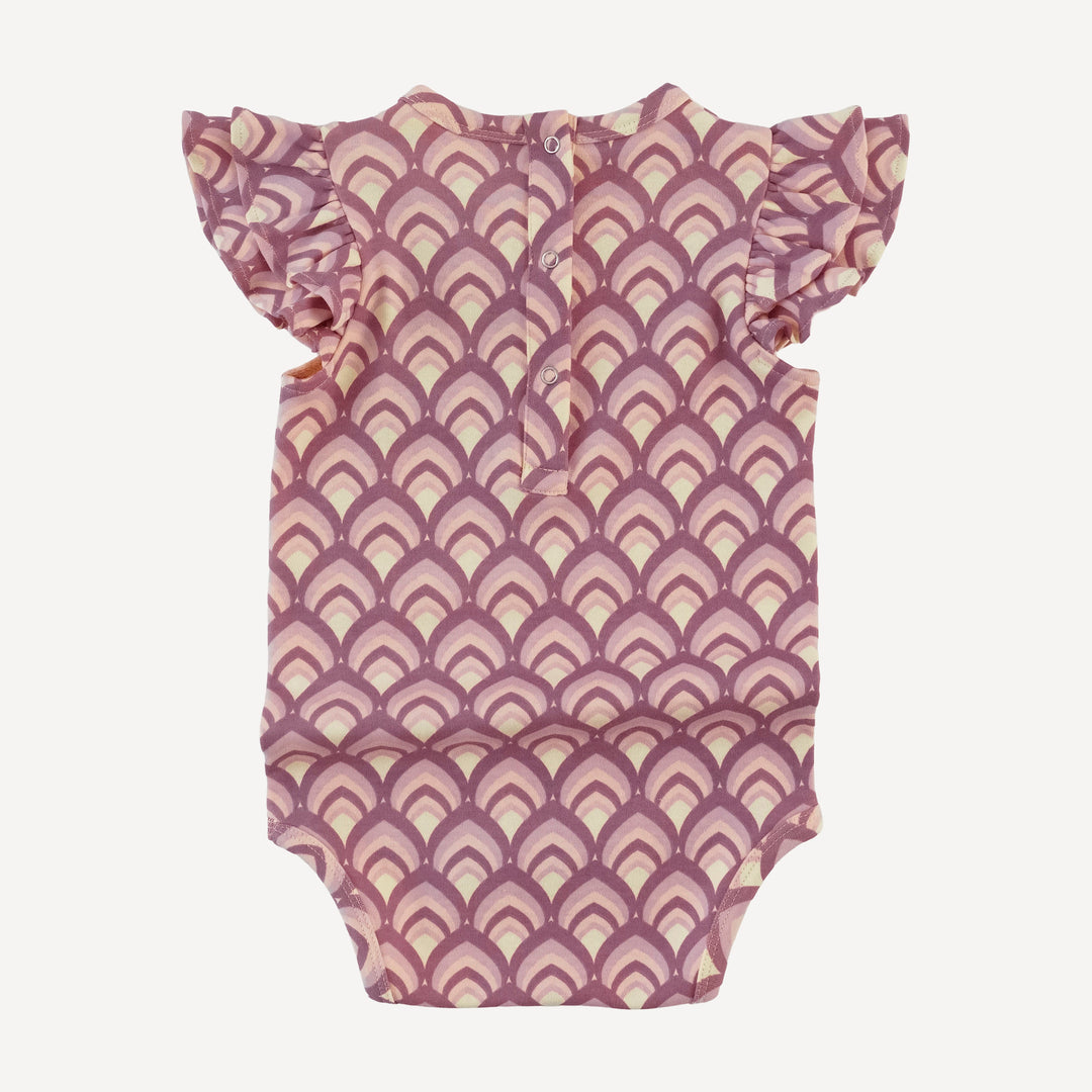 sleeveless double shoulder ruffle bodysuit | mauve modern feather | organic cotton interlock