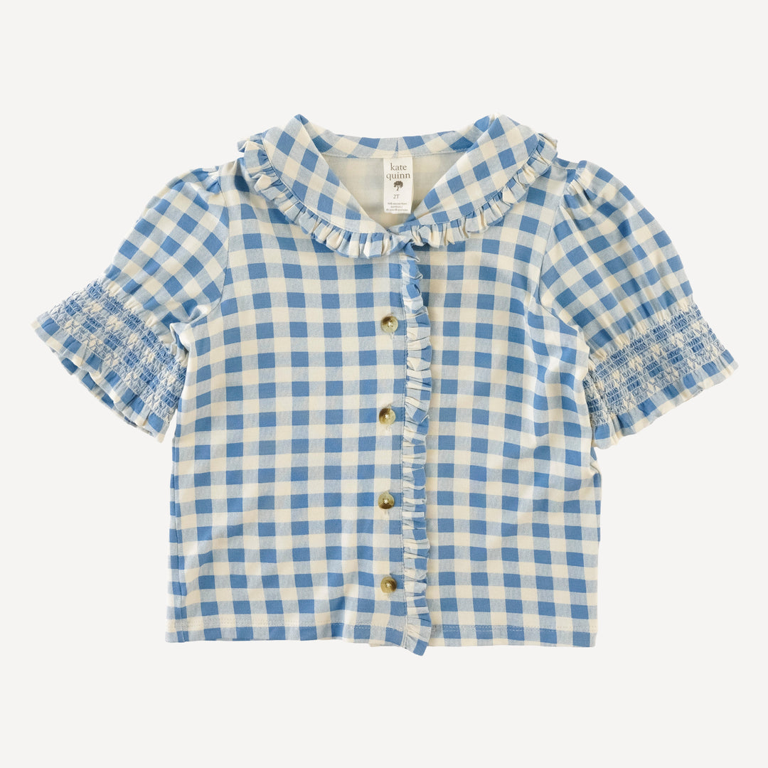 half sleeve ruffle shawl collar top | blue gingham | bamboo