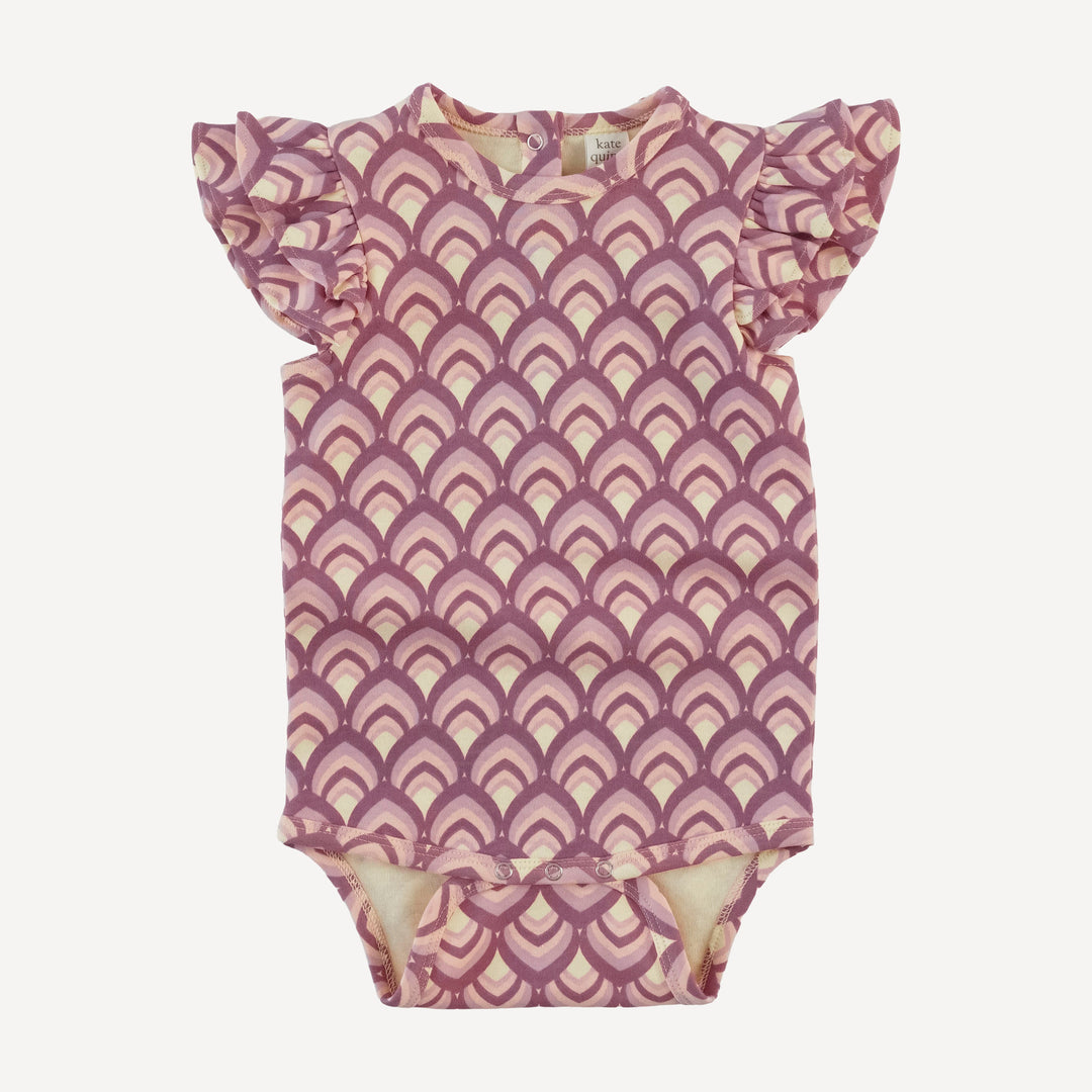 sleeveless double shoulder ruffle bodysuit | mauve modern feather | organic cotton interlock