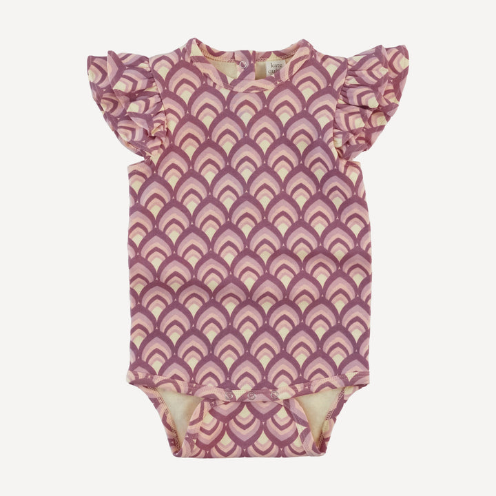 sleeveless double shoulder ruffle bodysuit | mauve modern feather | organic cotton interlock
