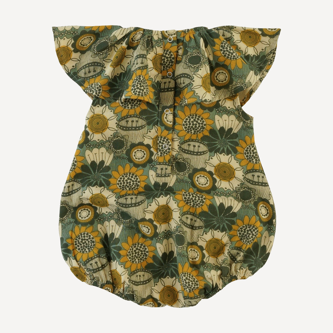 sleeveless ruffle bubble | honey mustard flower doodles | organic cotton gauze