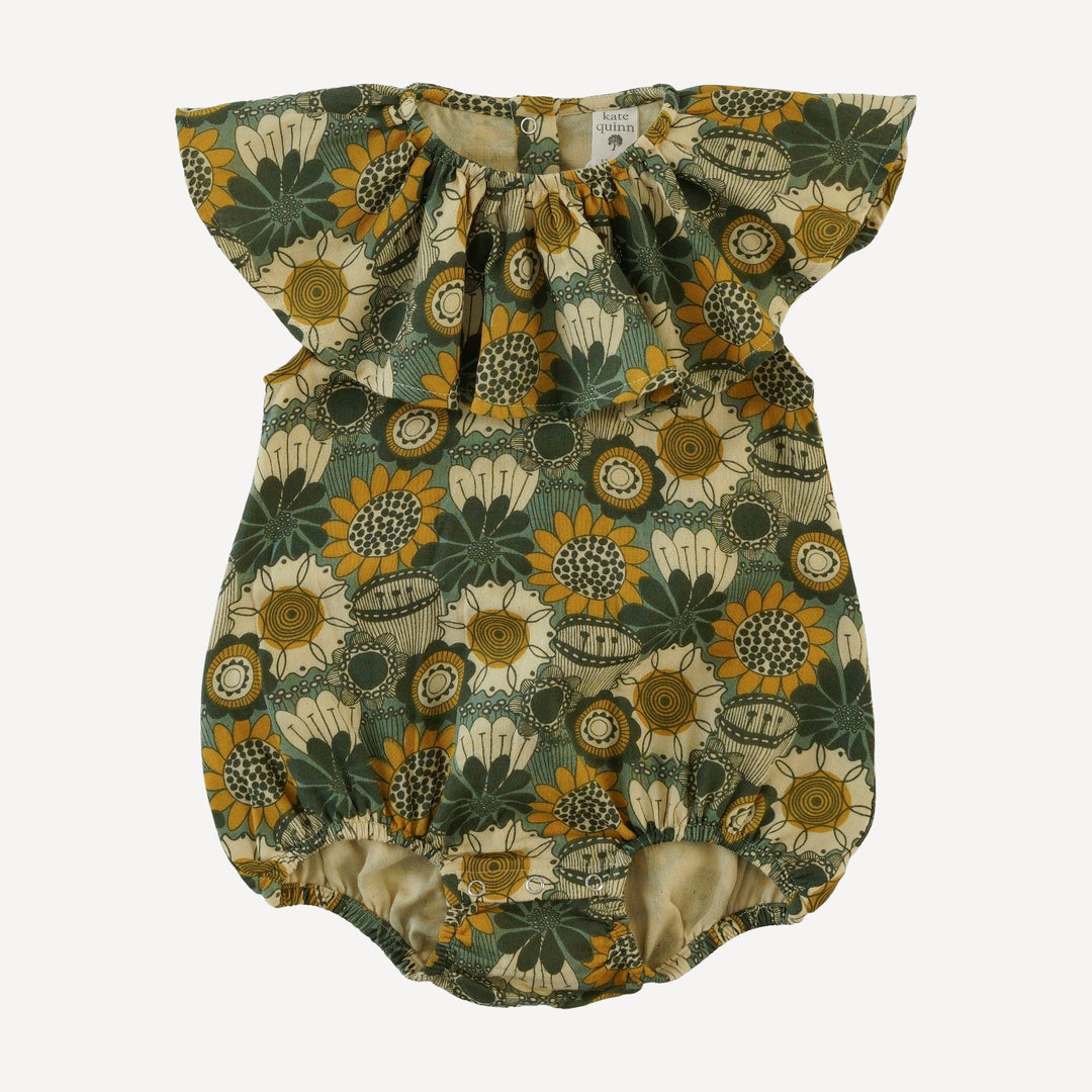 sleeveless ruffle bubble | honey mustard flower doodles | organic cotton gauze