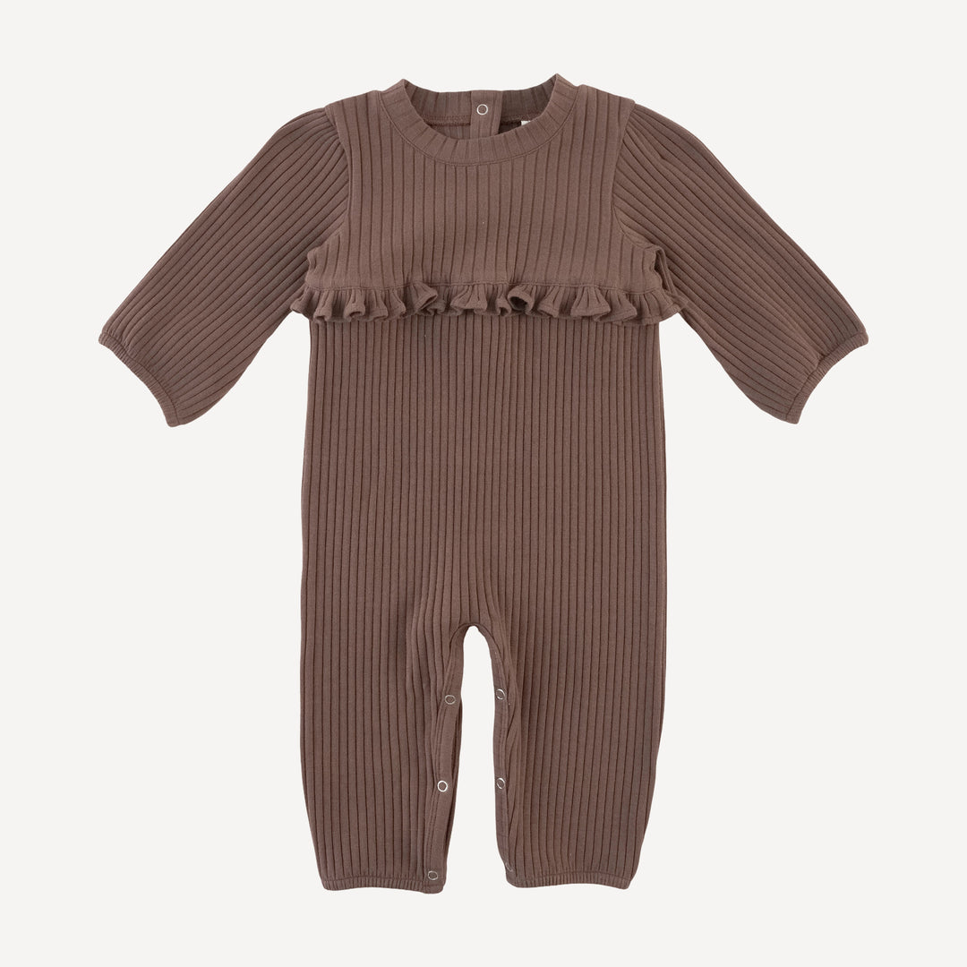 long sleeve tiny ruffle waist jumpsuit | spiced chocolate | organic cotton wide rib
