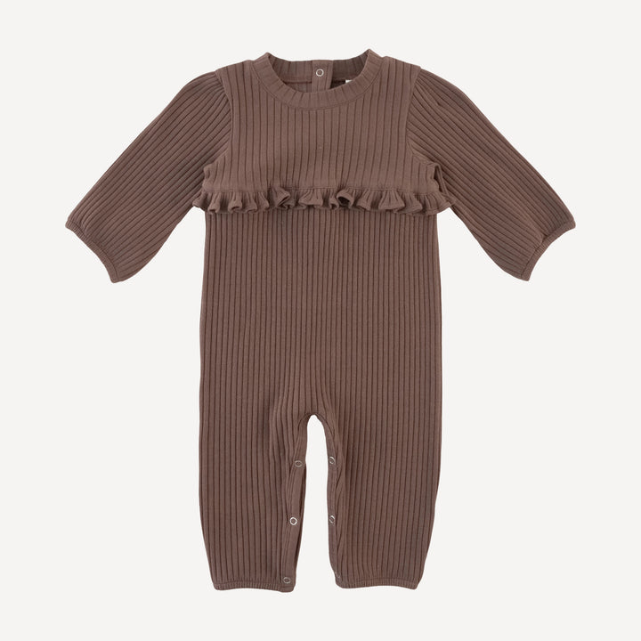 long sleeve tiny ruffle waist jumpsuit | spiced chocolate | organic cotton wide rib
