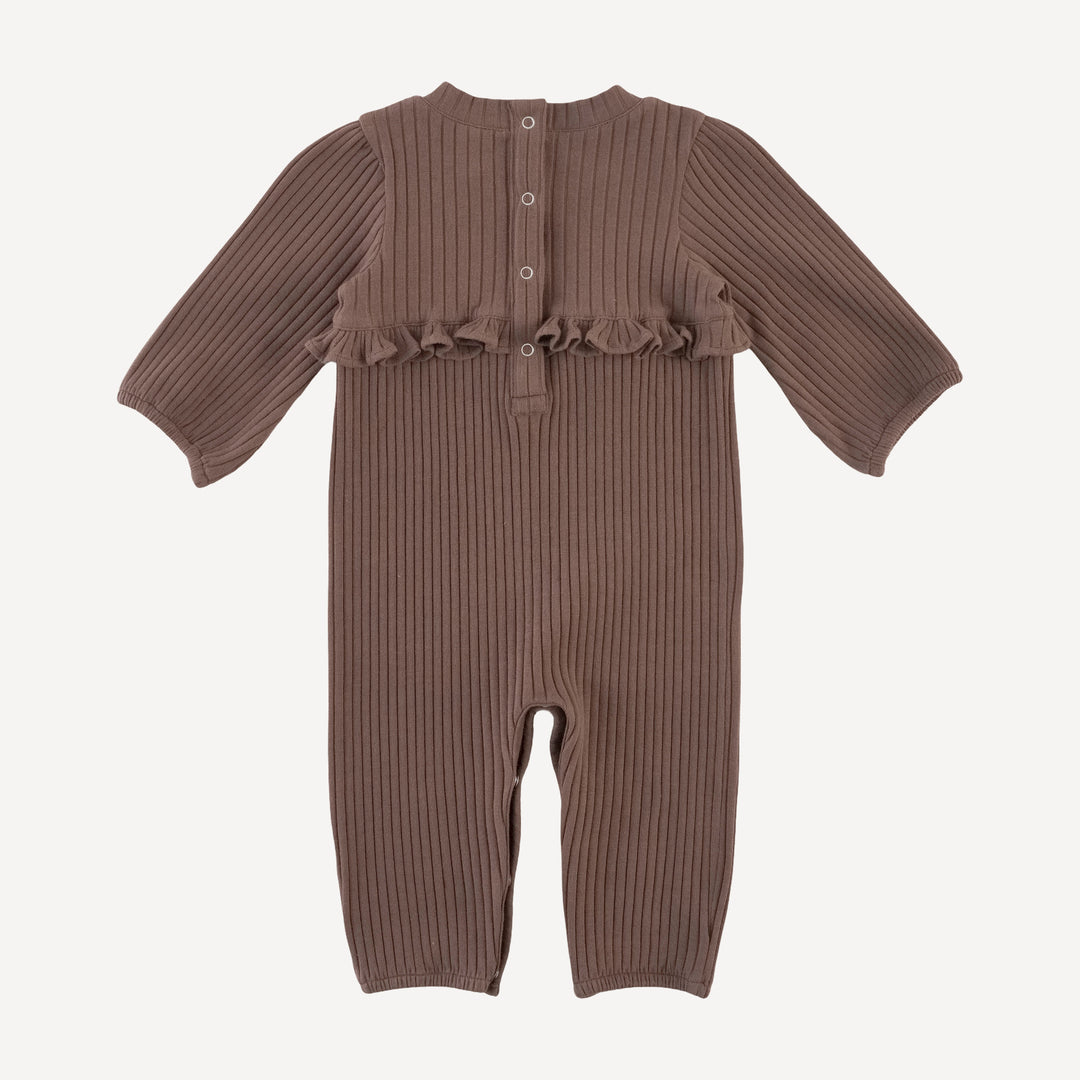 long sleeve tiny ruffle waist jumpsuit | spiced chocolate | organic cotton wide rib