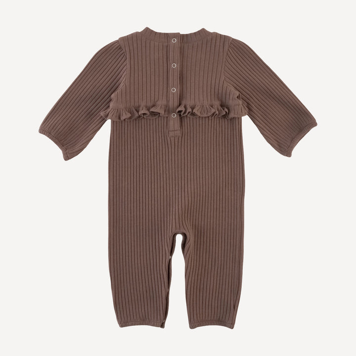 long sleeve tiny ruffle waist jumpsuit | spiced chocolate | organic cotton wide rib