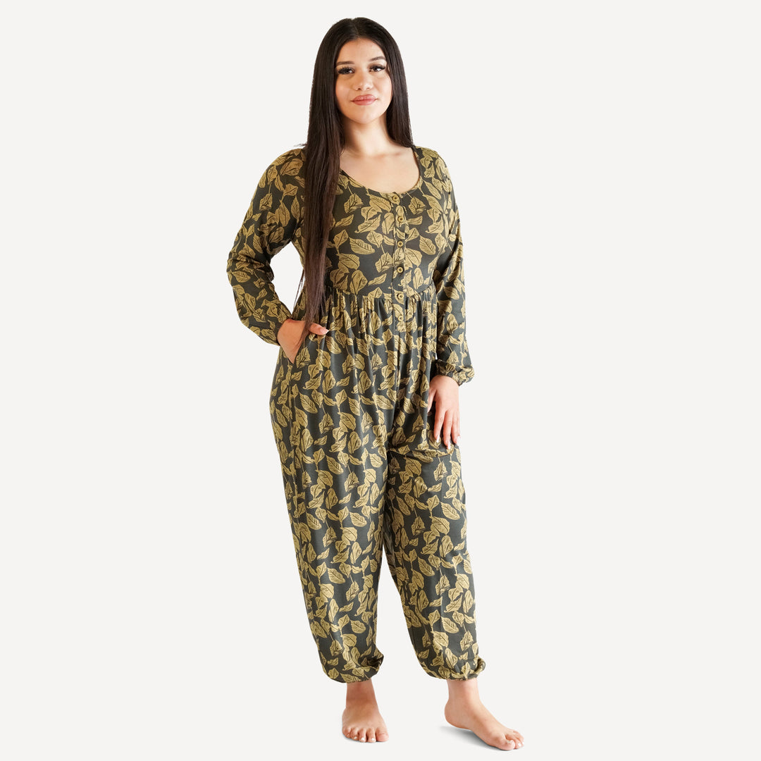 womens long sleeve button front v-waist jumpsuit | golden woods leaf | modal