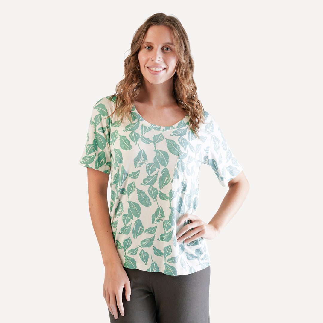 womens short sleeve pocket boxy top | woods leaf | modal