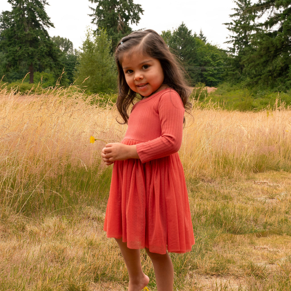 long sleeve ballerina tulle dress | earthen red | organic cotton