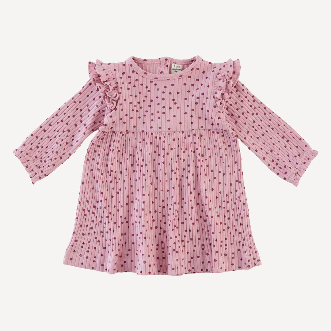 long sleeve double ruffle dress | mauve dot | organic cotton wide rib