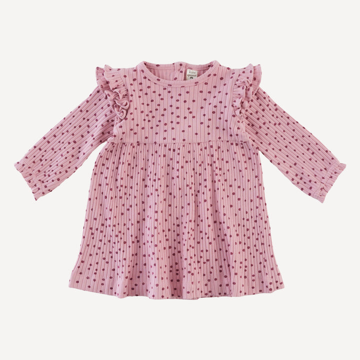 long sleeve double ruffle dress | mauve dot | organic cotton wide rib