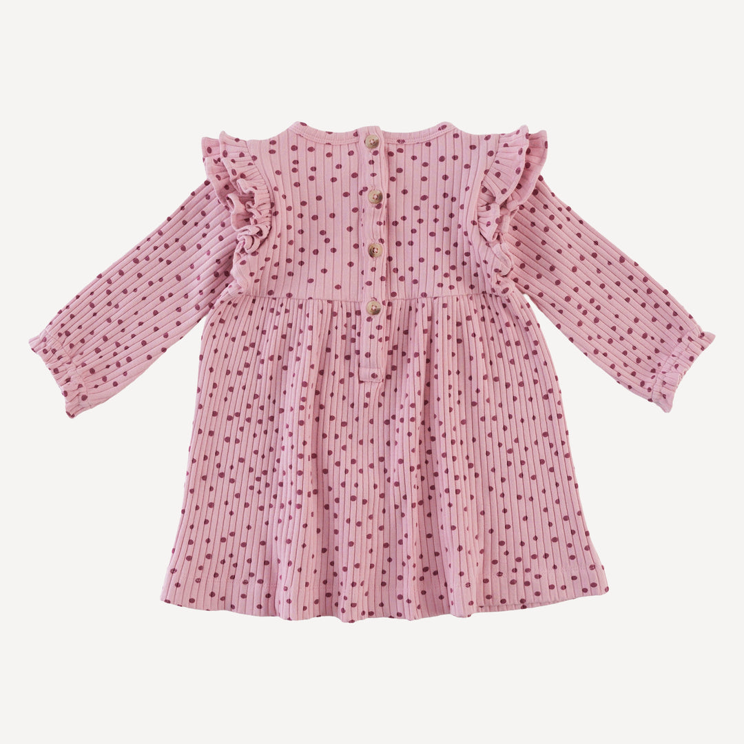 long sleeve double ruffle dress | mauve dot | organic cotton wide rib