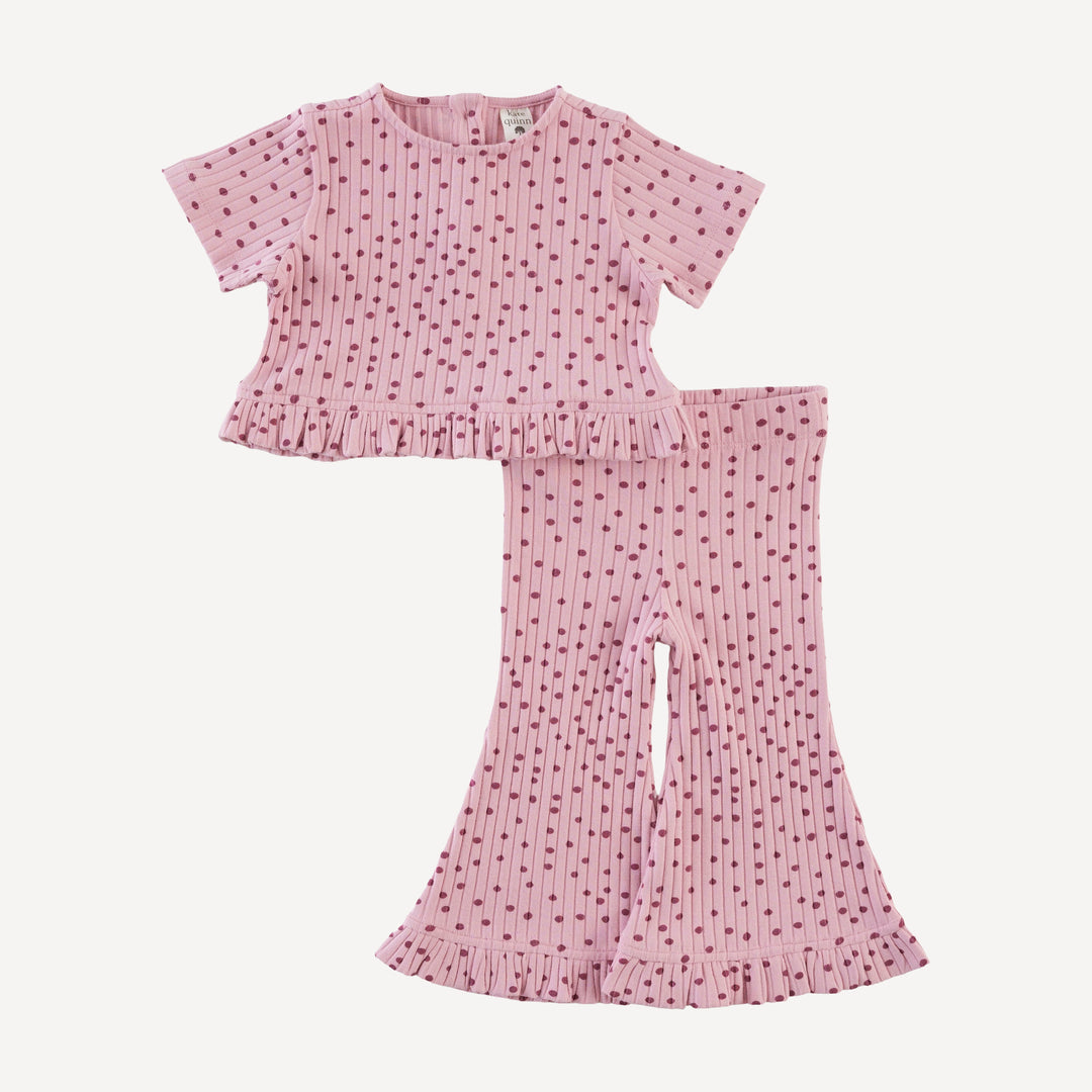 short sleeve cropped ruffle tee + flare pant set | mauve dot | organic cotton wide rib