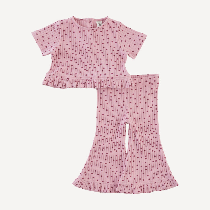 short sleeve cropped ruffle tee + flare pant set | mauve dot | organic cotton wide rib