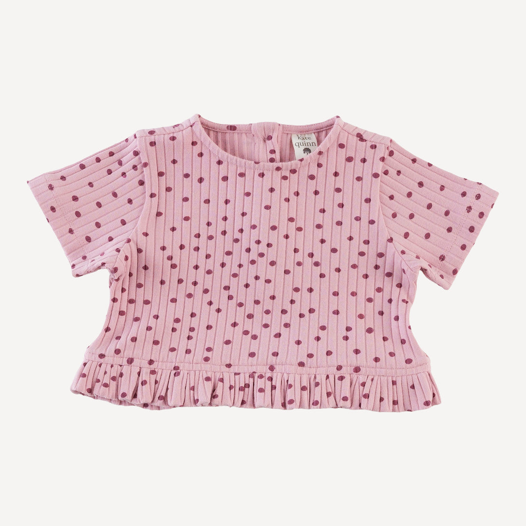 short sleeve cropped ruffle tee + flare pant set | mauve dot | organic cotton wide rib